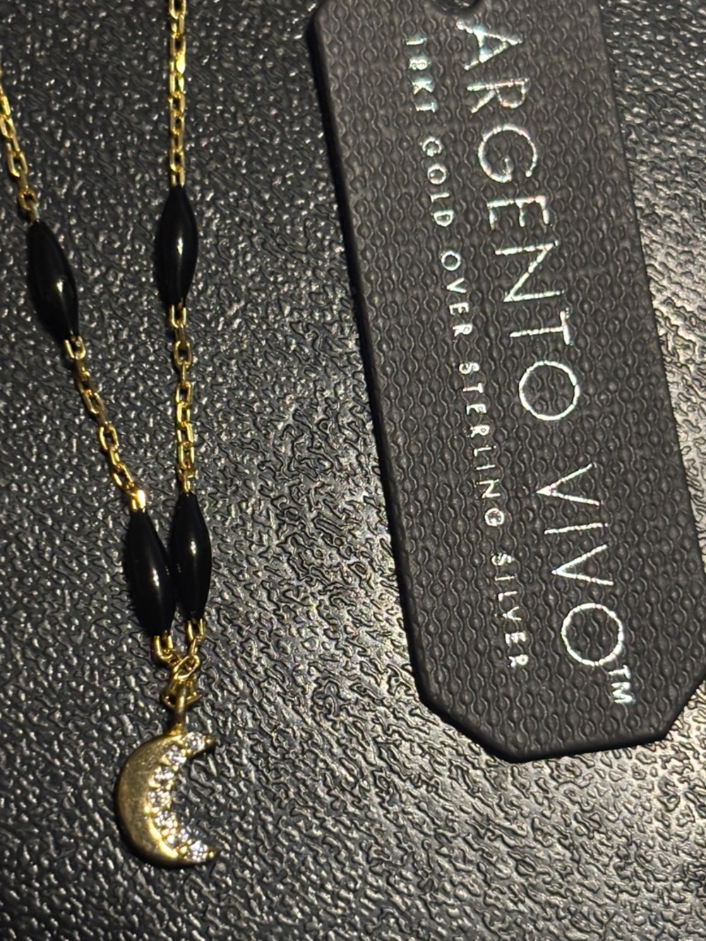 Argento Vivo Gold Crescent Moon Necklace with Black Beads